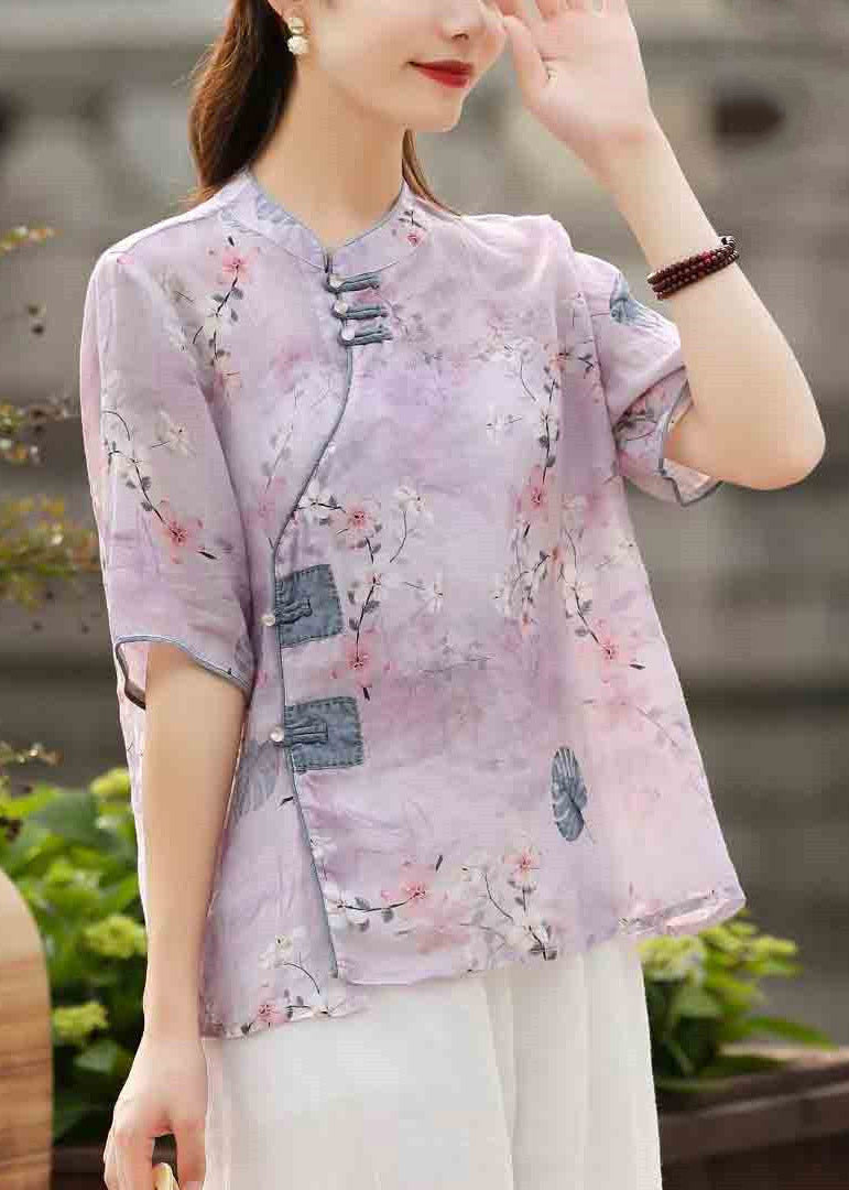 Light Purple Stand Collar Print Button Linen Blouse Top Short Sleeve