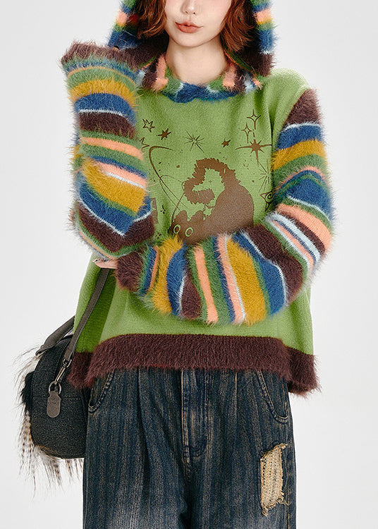 Grass Green Hooded Patchwork Striped Knit Sweatshirt Winter
