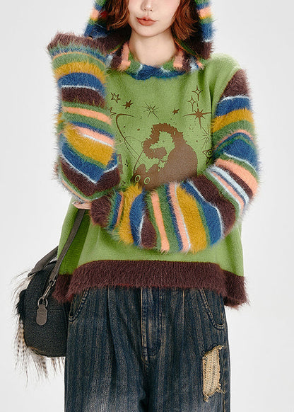 Grass Green Hooded Patchwork Striped Knit Sweatshirt Winter