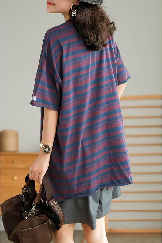 Cotton Stripes Split Hem O Neck T-shirt