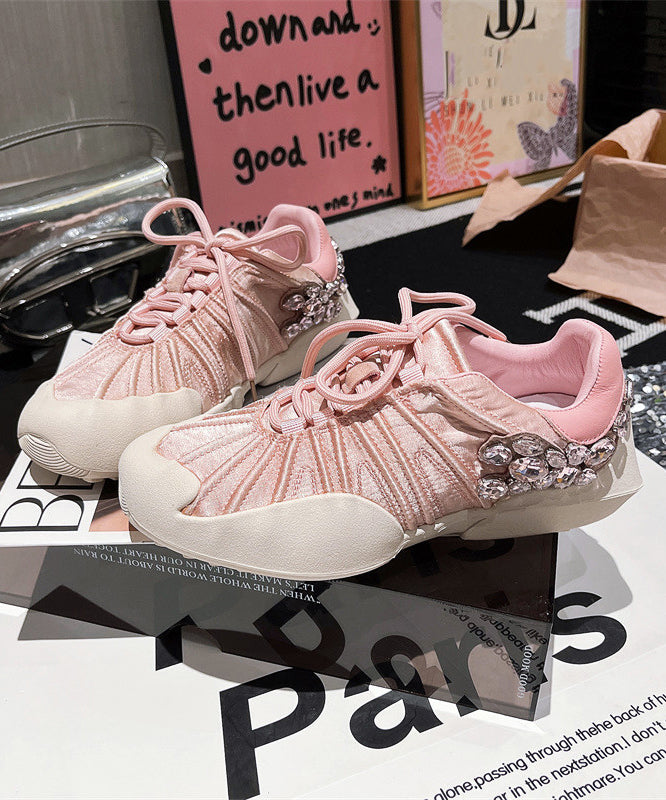 Pink Canvas Lace Up Zircon Splicing Flat Shoes for