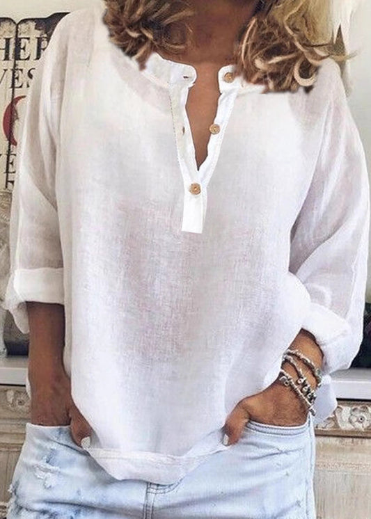 Simple Style White V Neck Cotton Shirt Long Sleeve