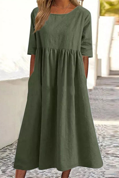 Half Sleeve Pleated Pocket Cotton Dress(9 Colors)