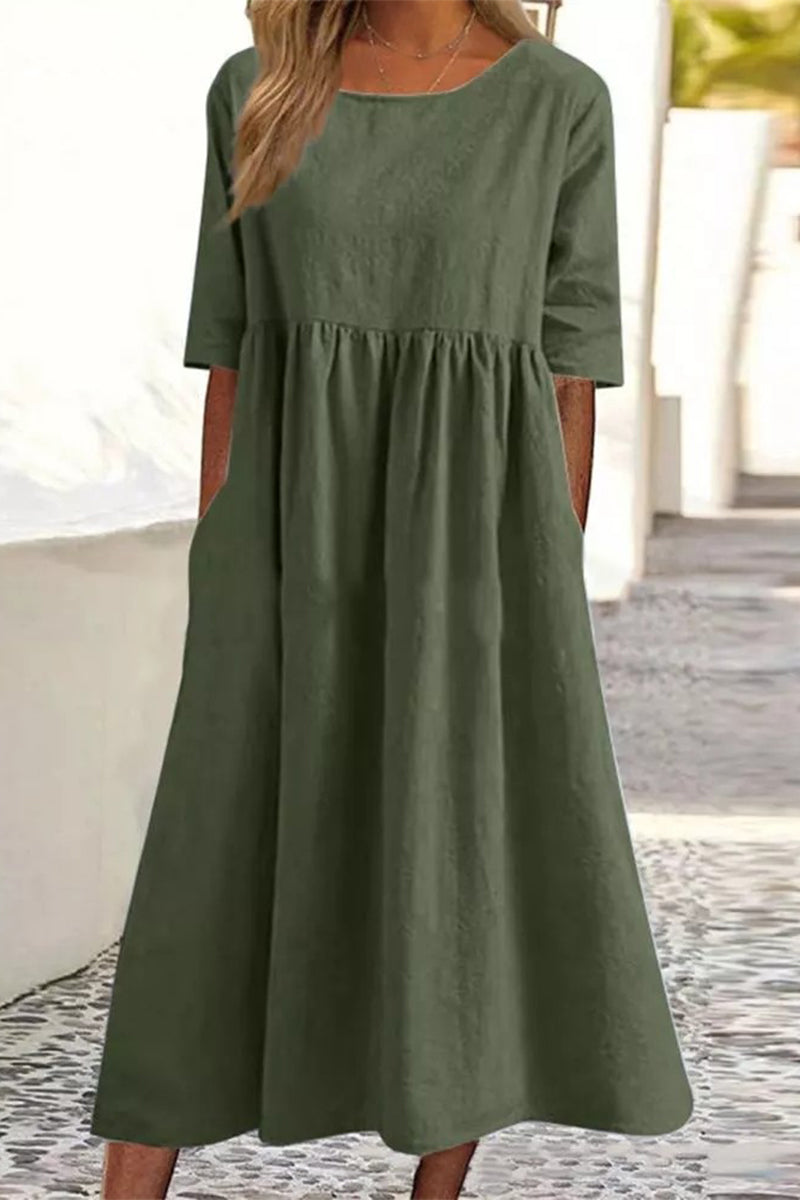 Half Sleeve Pleated Pocket Cotton Dress(9 Colors)