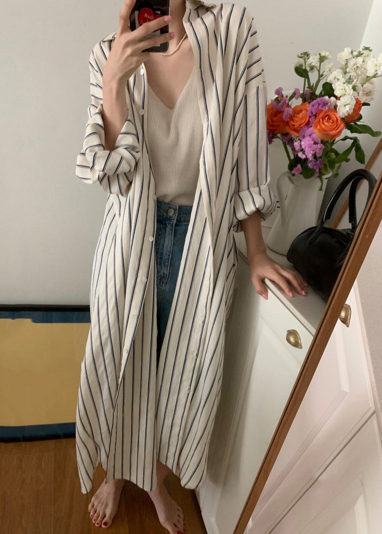 Beige Peter Pan Collar Button Maxi Shirts Dresses Spring