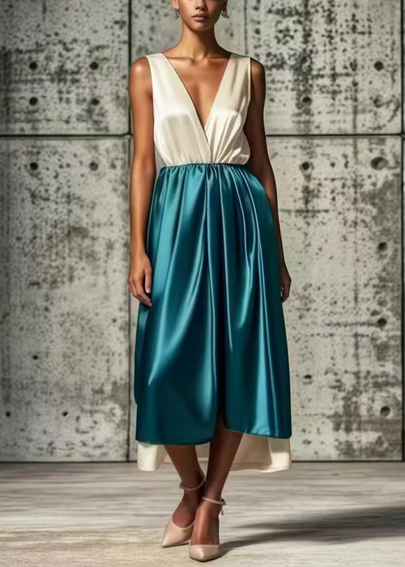 Style White Deep-v Neck Patchwork Silk Maxi Dresses Summer