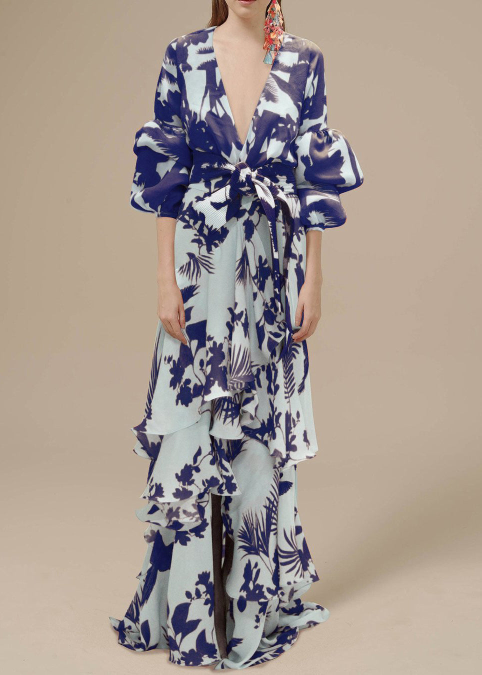 Orange V Neck Asymmetrical Designprint Chiffon Dress Spring