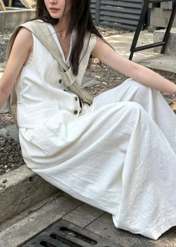 Vogue White V Neck Button Linen Waistcoat and Wide Leg Pants Two Piece Set Summer