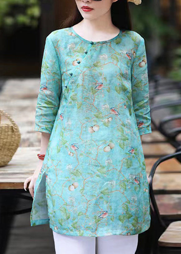 Green O Neck Print Linen Shirt Top Bracelet Sleeve