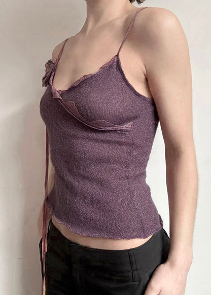 Slim Fit Purple Lace Knitting Cotton Spaghetti Strap Vest Sleeveless