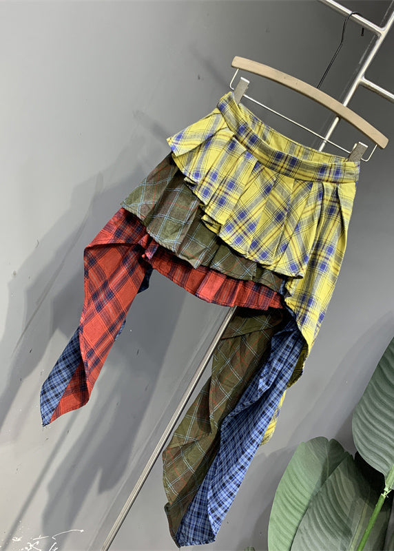 Colorblock Plaid Asymmetrical Patchwork Skirts Summer