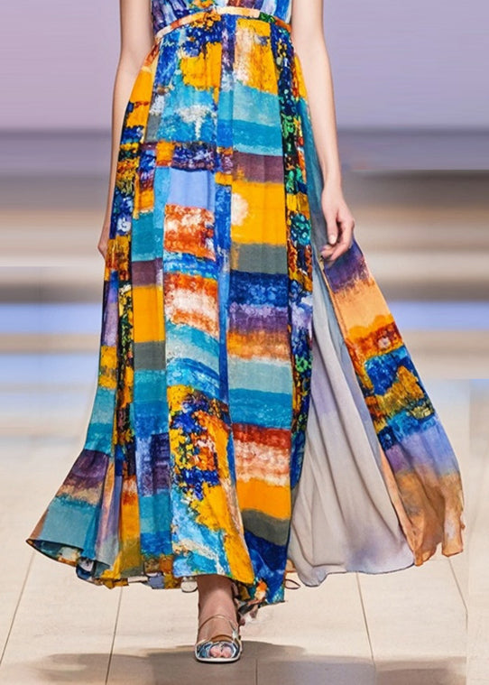 V Neck Print Chiffon Long Dress Sleeveless