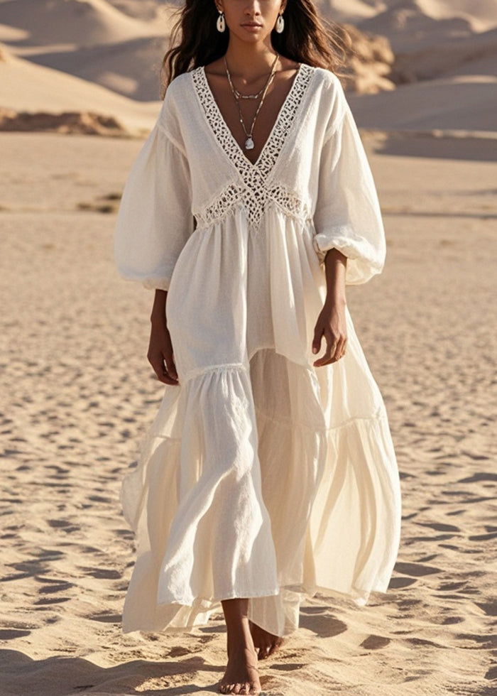 White V Neck Patchwork Hollow Out Cotton Dress Lantern Sleeve