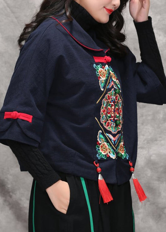 Navy Peter Pan Collar Tassel Coats Long Sleeve