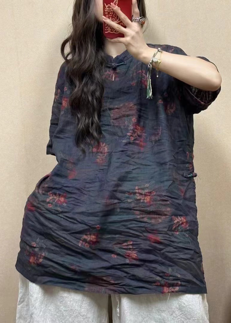 Red Stand Collar Button Print Linen Blouses Half Sleeve