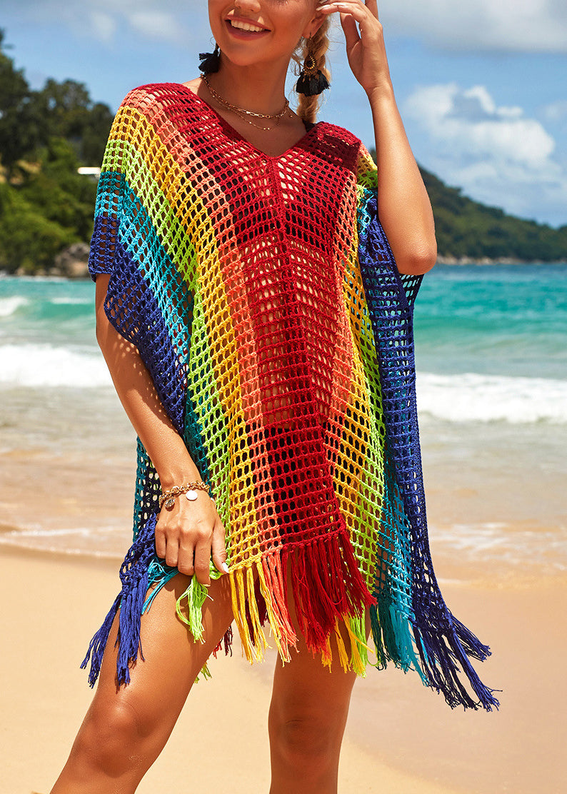 Loose Rainbow V-neck Hollow Out Knit Cover Up Swimwear