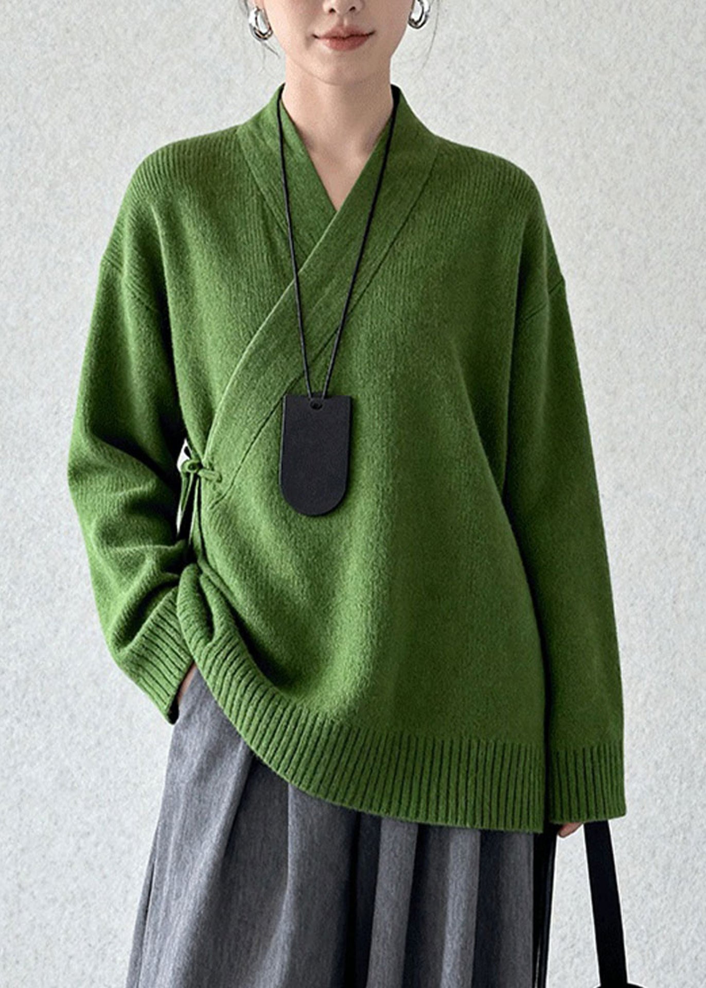 Tea Green Tie Waist Knit Sweaters Winter