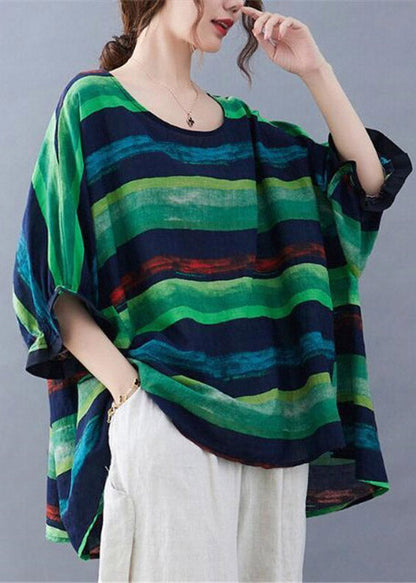 Green Striped Low High Design Top Summer