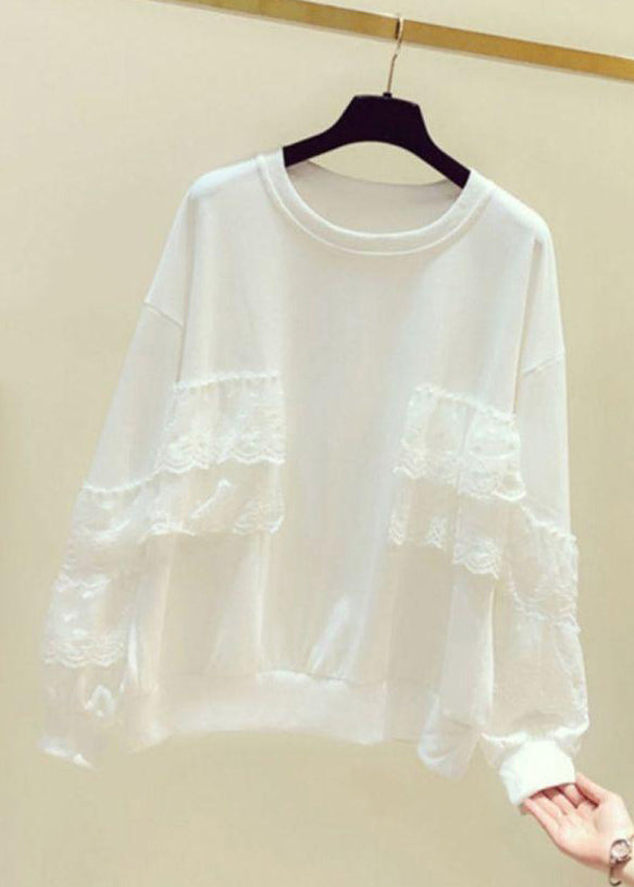 White Lace Patchwork Sweatshirts O Neck Spring