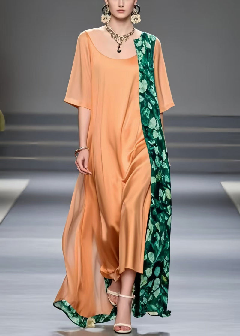 Brick Red Asymmetrical Patchwork Chiffon Dress Summer
