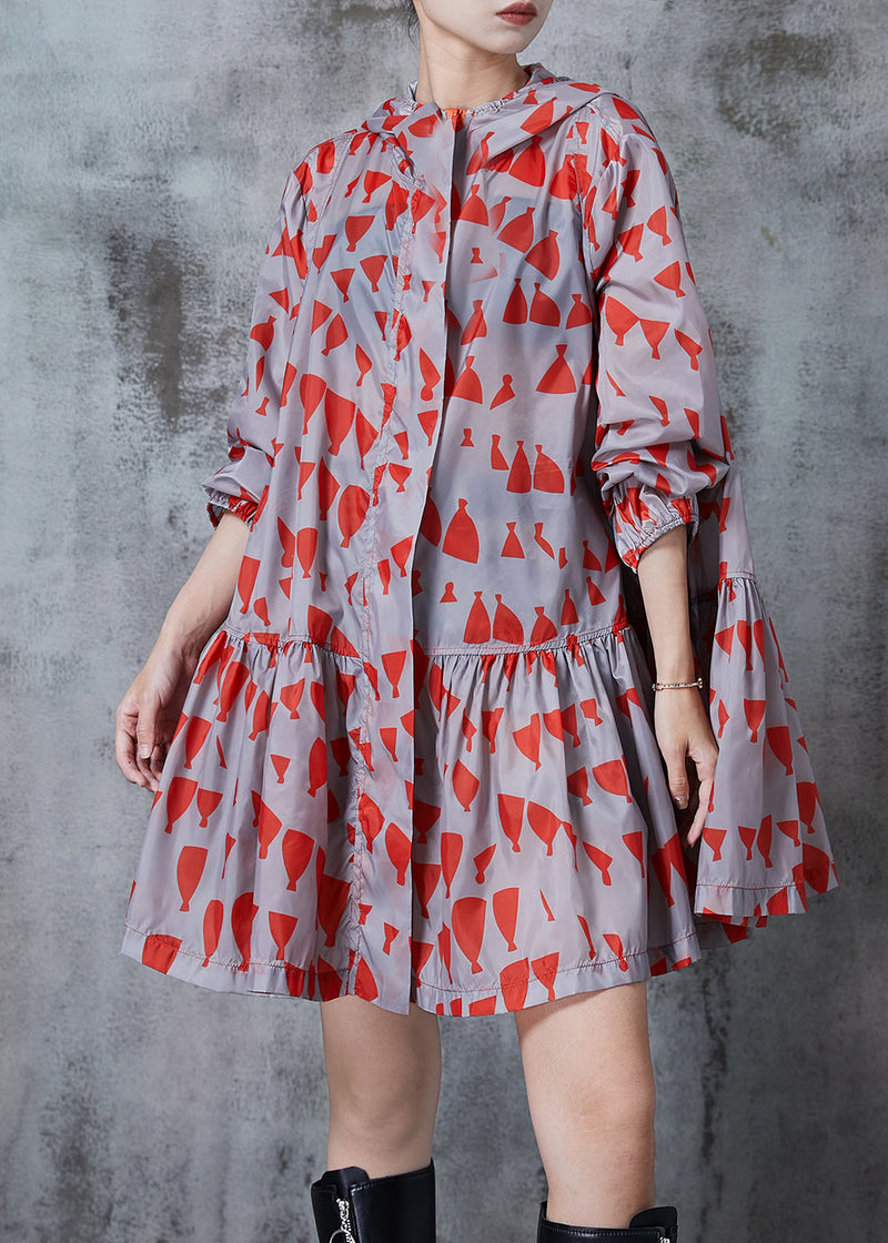 Red Hooded Print Spandex Coats Fall