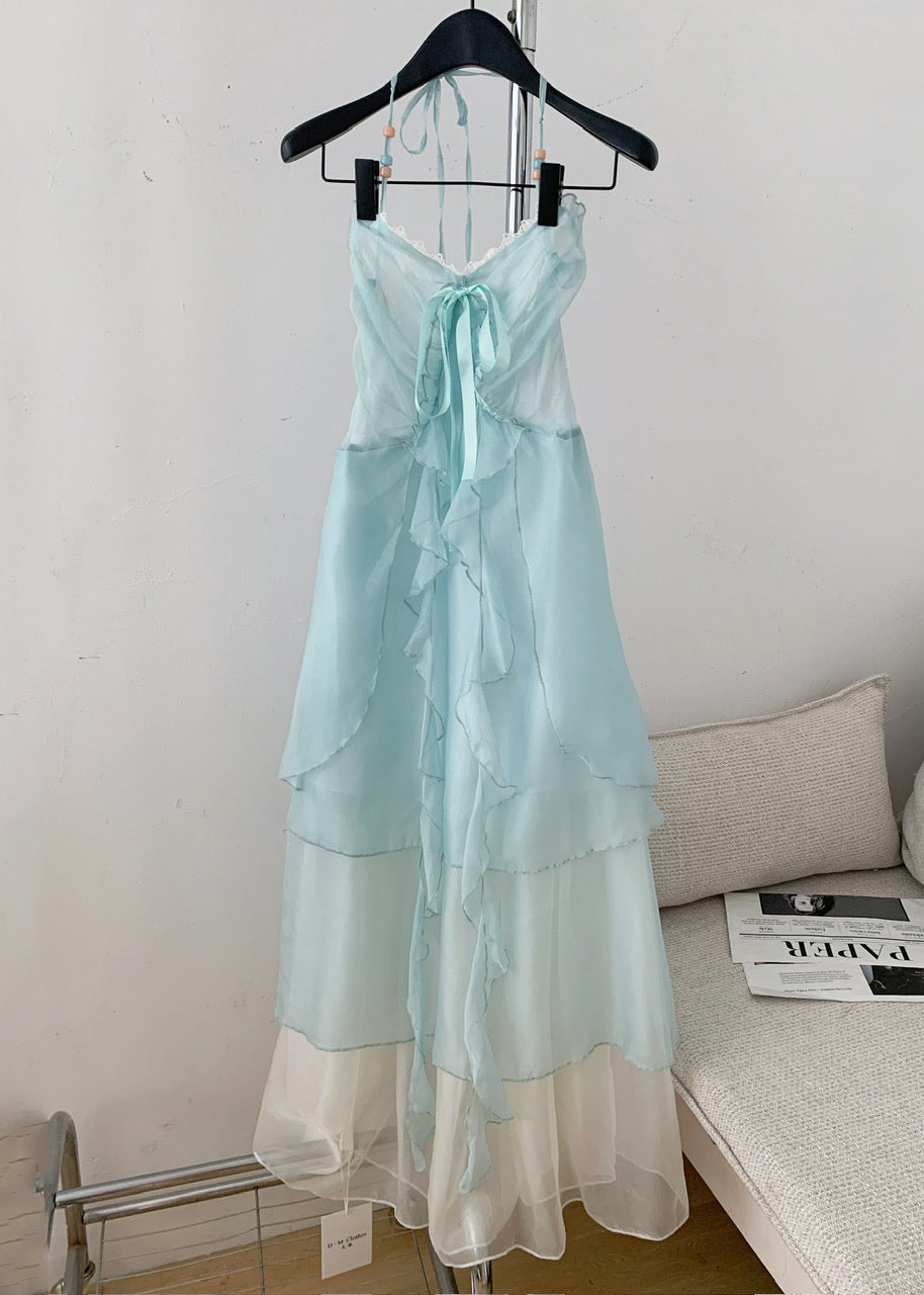 Blue V Neck Ruffled Lace Up Chiffon Long Dresses Sleeveless
