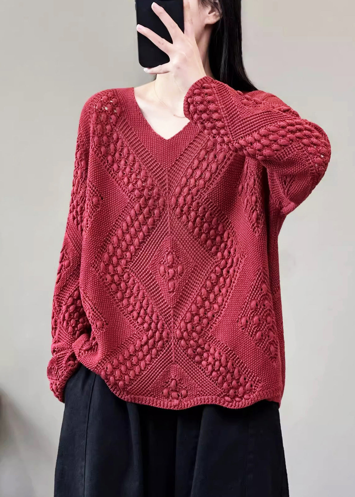 Simple Red V Neck Cotton Knit Sweaters Long Sleeve