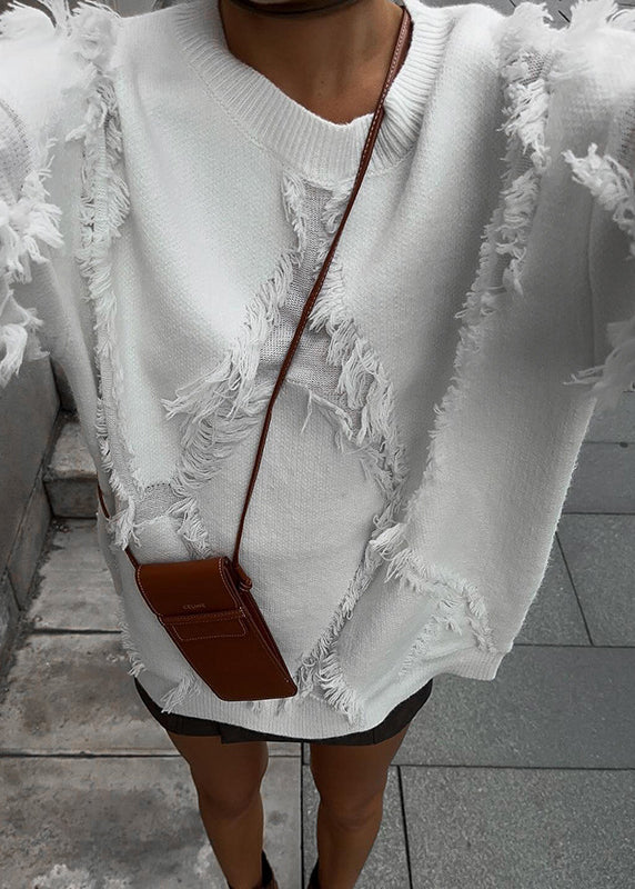 New White O Neck Tassel Knit Sweater Tops Fall