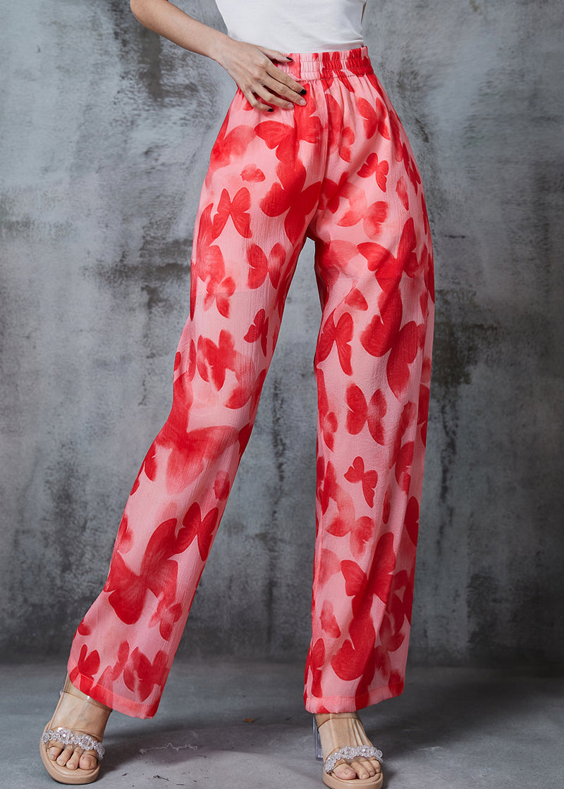 Red Print Silk Straight Pants Summer