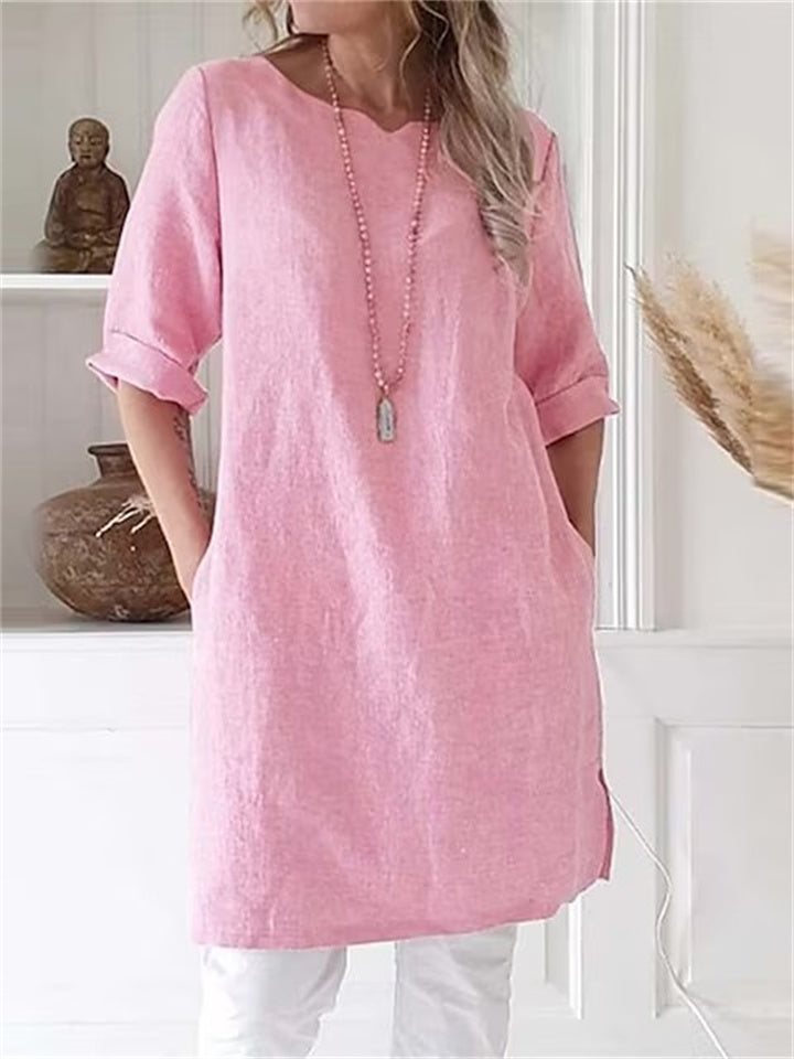 Round Neck Cotton Linen Comfortable Color A-line Dress