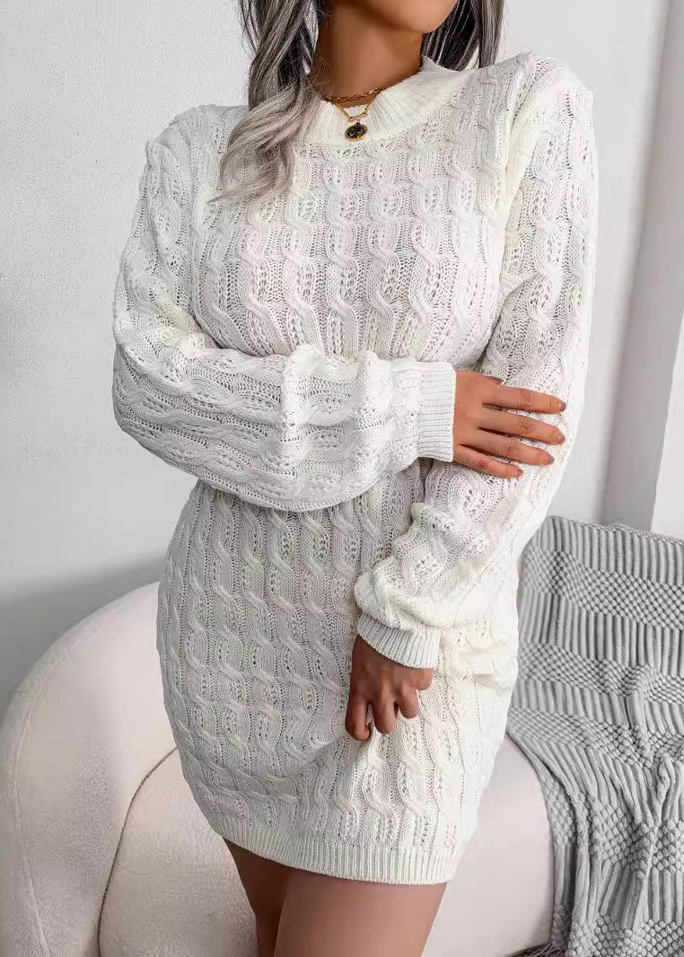 White O Neck Slim Fit Knit Sweater Dress Fall