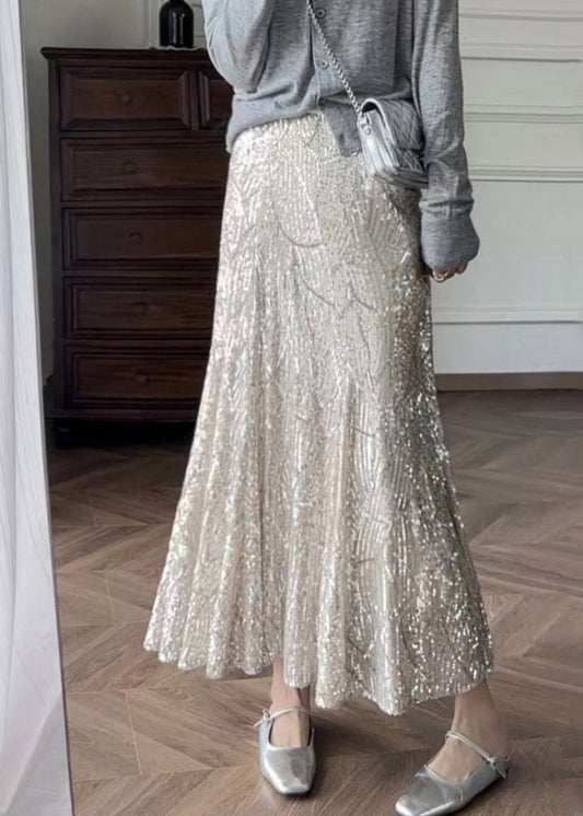 French Silver High Waist Sequins Maxi Skirts Summer