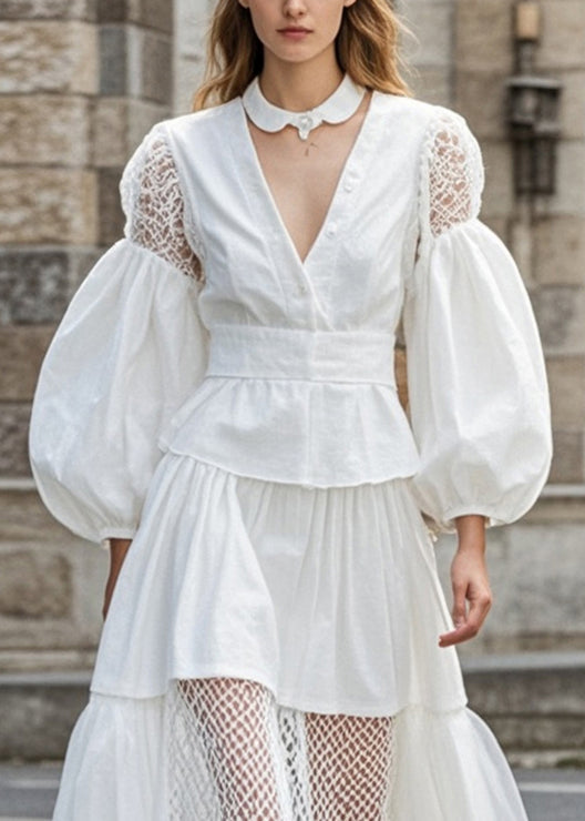 White Hollow Out Patchwork Lace Cotton Vestidos Dress Puff Sleeve