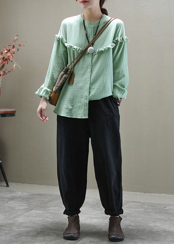 Green Ruffled Button Patchwork Cotton Blouse Tops Long Sleeve