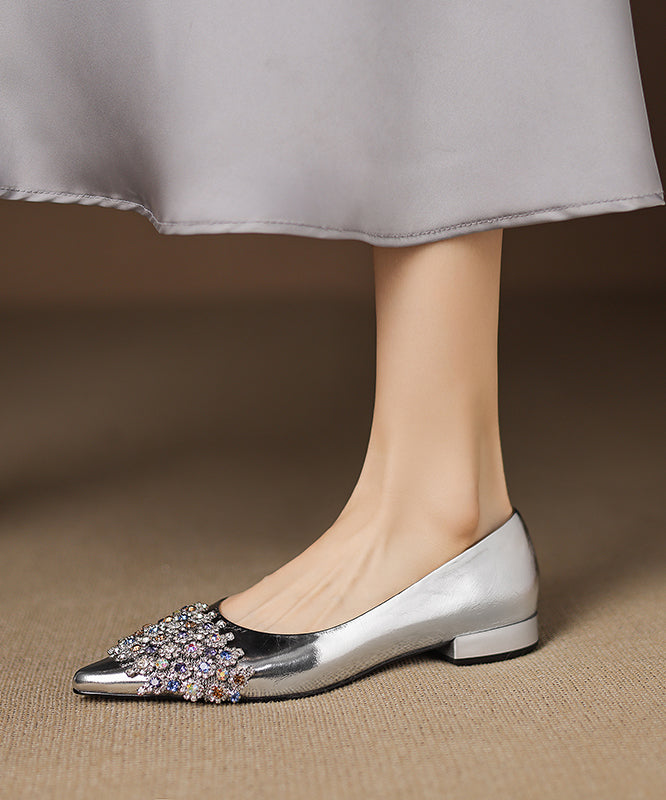 Zircon Splicing Flat Shoes Silver Sheepskin Pointed Toe