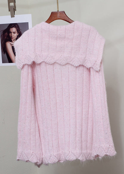 Pink Fox Fur Button Patchwork Knit Sweater