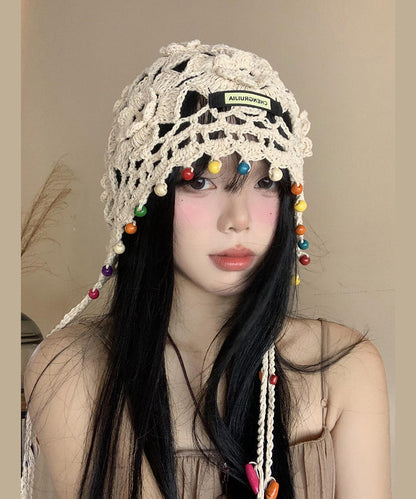 Beige Tassel Hollow Out Knit Boonie Hat