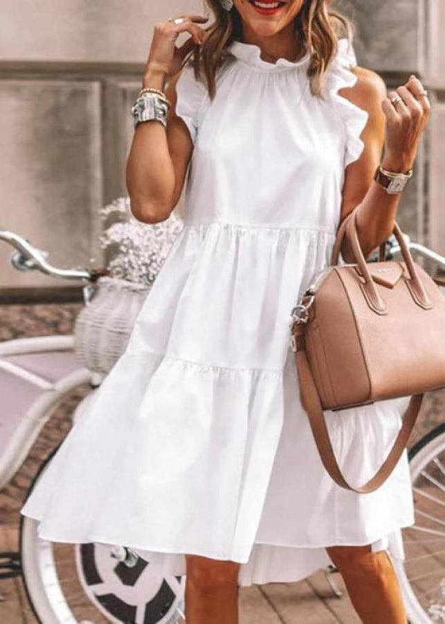 New White Ruffled Cotton Dress Sleeveless