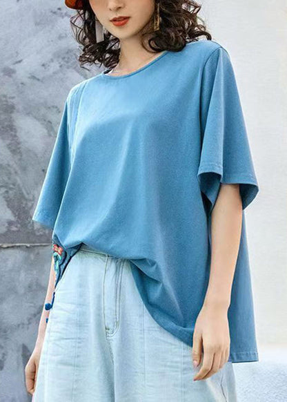 Loose Yellow O Neck Patchwork Cotton T Shirt Summer