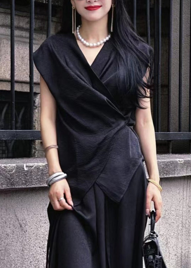 Black V Neck Tie Waist Top Summer