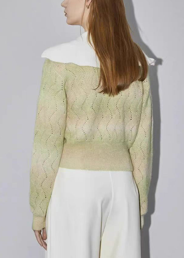Green Zip Up Hollow Out Wool Knit Sweater Winter