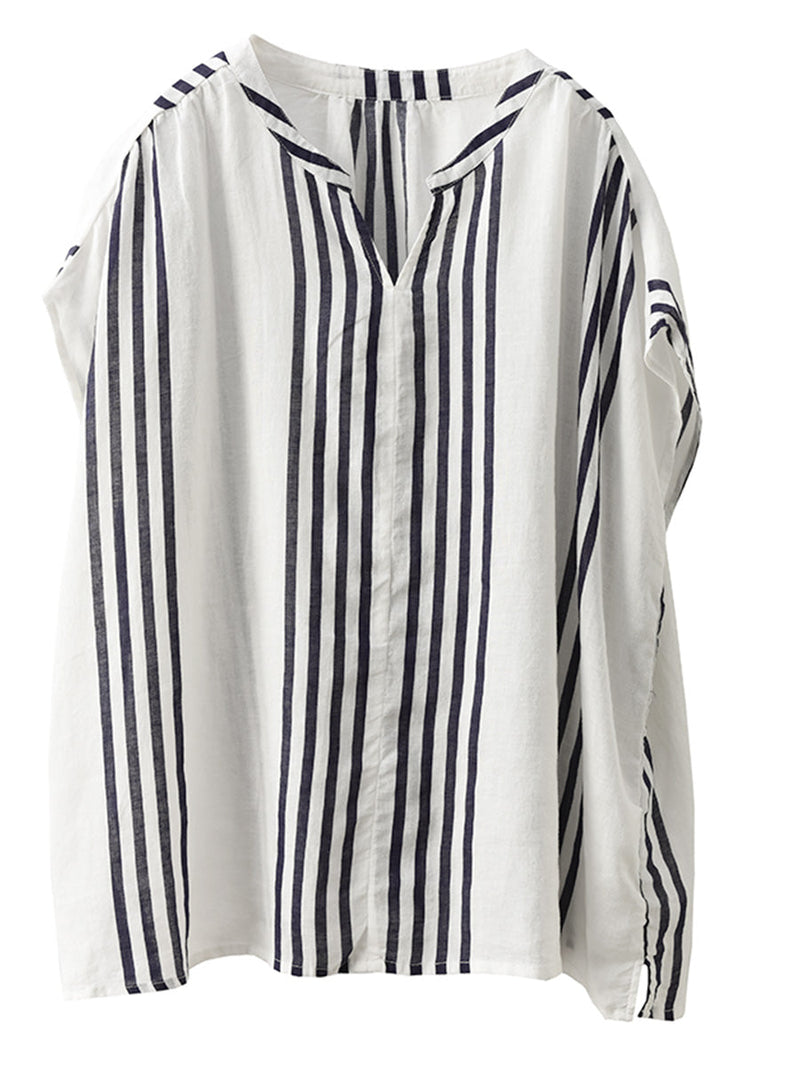 Summer Artsy Stripe V-neck Thin Linen Shirt