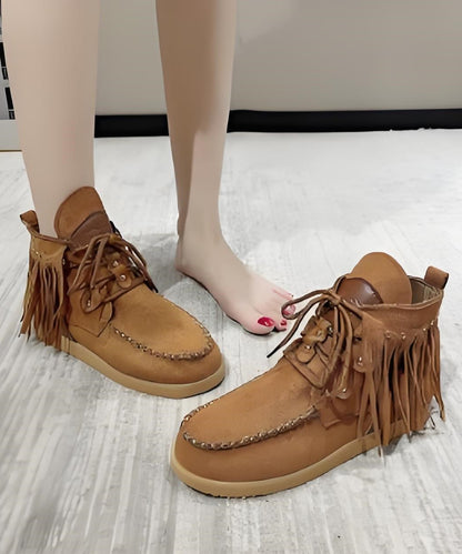 European and American Style Brown Tassel Lace Up Splicing Boots