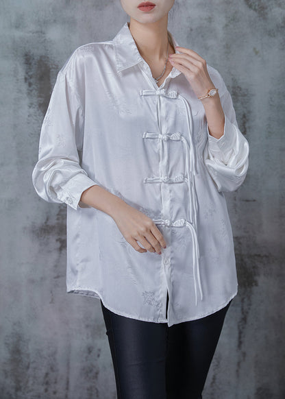 White Draping Silk Shirts Tasseled Chinese Button Spring
