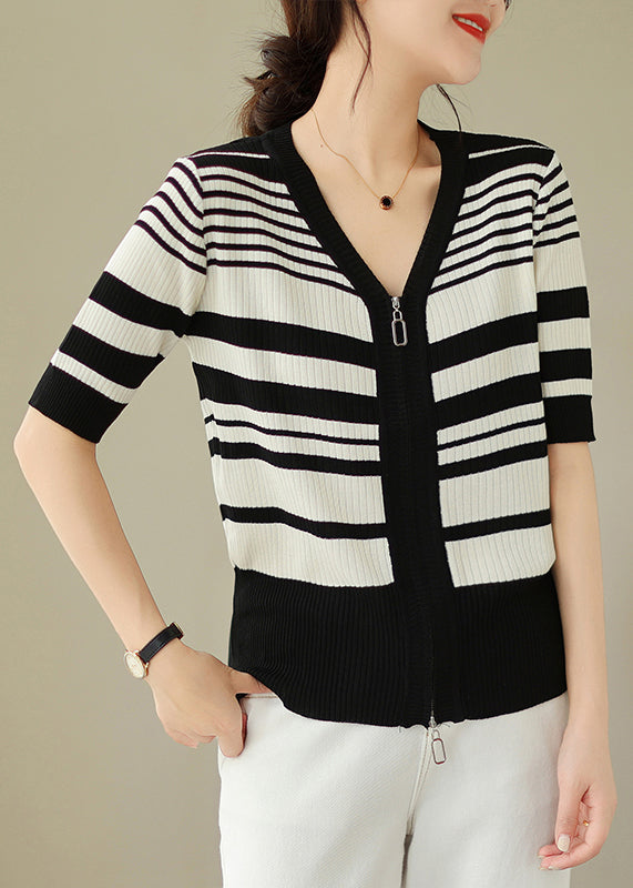 Black White Striped Zippered Knit Cardigan Spring