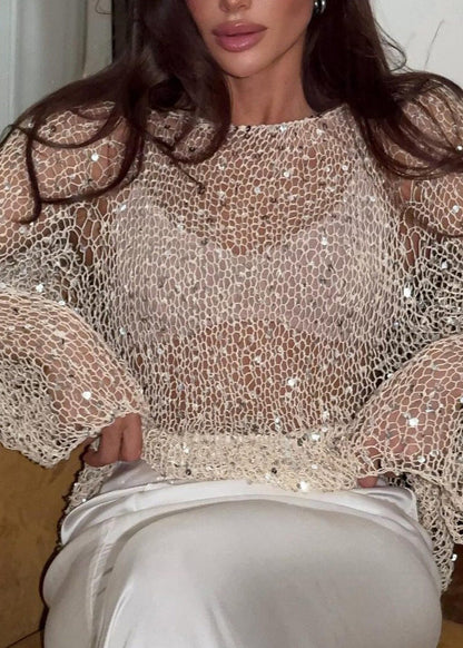 Beige O-neck Hollow Out Sequins Knit Top Spring