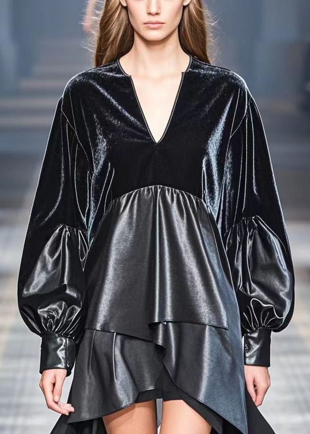 French Black Asymmetrical Pu Patchwork Faux Leather Long Tops Fall