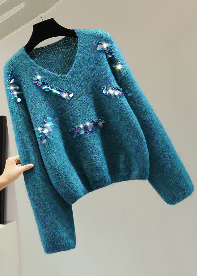 Blue V Neck Sequins Thick Cotton Knit Sweater Winter