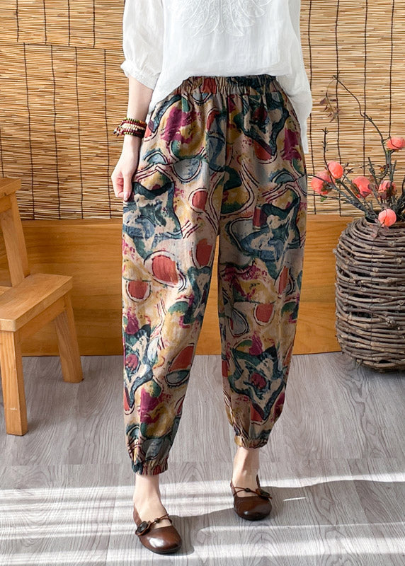 Green Elastic Waist Crop Print Pants