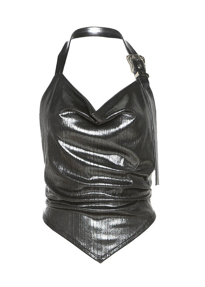Silver Hanging Neck Style Suspender Shiny Pleated Short Top